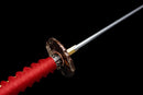 Katana Emaki — Acier T10, Poignée rouge, fourreau noir, motif guerrier, cordon bleu