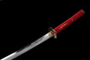 Katana Emaki — Acier T10, Poignée rouge, fourreau noir, motif guerrier, cordon bleu