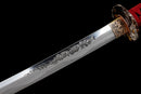 Katana Emaki — Acier T10, Poignée rouge, fourreau noir, motif guerrier, cordon bleu