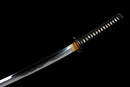 Katana Kohaku — Tamahagane, Poignée noire sur raie blanche, fourreau doré marbré, cordon noir.