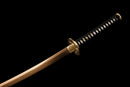 Katana Akagane — Acier Damascus, Poignée : ito noir, garde dorée. Fourreau : noir laqué, motif doré