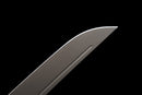 Épée Courte Stealth Hawk — Titanium Edition — AUS-8, Poignée noire texturée, fourreau noir moulé, garde avec anneau doré.