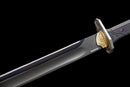 Gladius Tactique Midnight — DLC Elite — Acier 80CrV2, Poignée noire, garde dorée, fourreau noir carbone, vis violettes.