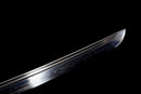 Katana Shirokami — Acier T10, Manche noir, dragon, fourreau noir, cordon blanc, embout argenté