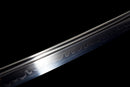 Katana Shirokami — Acier T10, Manche noir, dragon, fourreau noir, cordon blanc, embout argenté