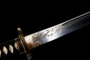 Katana Shirokami — Acier T10, Manche noir, dragon, fourreau noir, cordon blanc, embout argenté