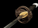 Katana Shirokami — Acier T10, Manche noir, dragon, fourreau noir, cordon blanc, embout argenté
