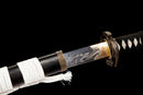 Katana Shirokami — Acier T10, Manche noir, dragon, fourreau noir, cordon blanc, embout argenté