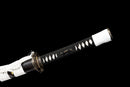Katana Shirokami — Acier T10, Manche noir, dragon, fourreau noir, cordon blanc, embout argenté