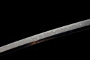Katana Fubuki — Acier T10, Poignée ito noir et blanc, fourreau noir motif neige argenté, cordon bicolore.