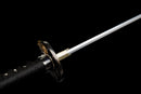 Katana Fubuki — Acier T10, Poignée ito noir et blanc, fourreau noir motif neige argenté, cordon bicolore.
