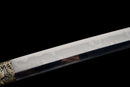 Katana Fubuki — Acier T10, Poignée ito noir et blanc, fourreau noir motif neige argenté, cordon bicolore.